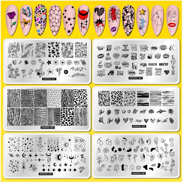 Flower Leaf Nail Stamping Plate 6 Pcs Nail Stamp Plates with Leopard Print Heart Stripe Holiday Nail Stamping Plate Space Star Nail Art Stamping Plates Face Nail Stamper Plate Nail Art Templates