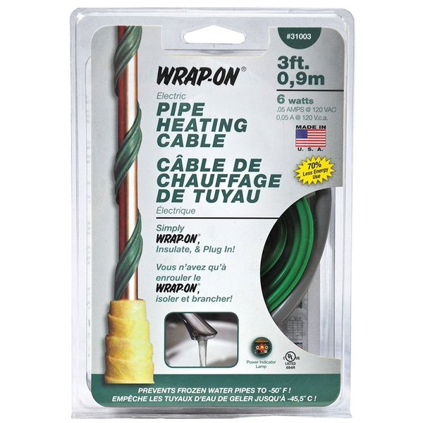 Wrap-On Pipe Heating Cable - 3-Feet, 120 Volt, Built-in Thermostat, Low Wattage - 31003 , Green