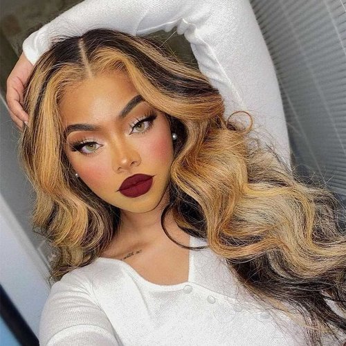Aorbige Body Wave Style Highlight Ombre Lace Frontal Wig Human Hair Wigs #4/27 Brown with Honey Blonde Color for Black Women Pre Plucked Hairline 150% Density (16inch, 13x4 Lace Front Wig)
