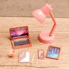 7 Pcs Miniature Laptop Tablet Phone Mini Books Desk Lamp Miniature Office Mini House Accessories, Pink