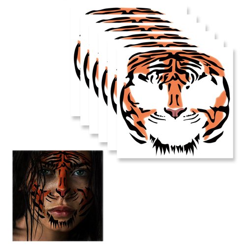 Tiger Face Tattoos, 6-Sheet Tribal Tiger Temporary Face Tattoo Kits, Tiger Head Body Decal Set for Men Women Adults Kids Halloween Costume Accessories and Parties