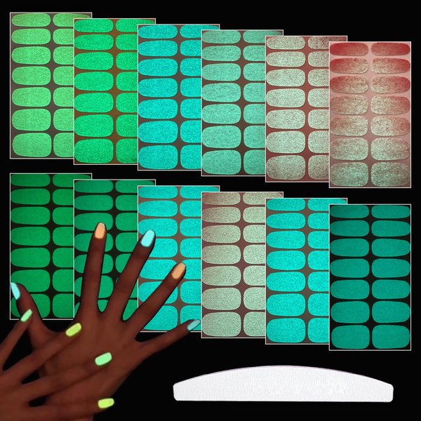 WOKOTO 12 Sheets Luminous Solid Nail Polish Strips with Nail File Self-Adhesive Glow in Dark Gel Nail Strips Stick On Nail Stickers Full Nail Wraps for Women Nail Art Polish Stickers for Nails
