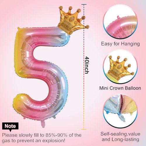 40 Inch Rainbow Gradient Number 5 & Mini Crown Balloon for Birthday Party Decorations, 5th Birthday Party Decorations, Baby Shower Anniversary Balloons Decorations Supplies