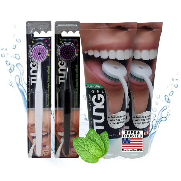 Tung Tongue Brush & Gel Kit | Tongue Cleaner for Adults | Tongue Scraper to Fight Bad Breath and Halitosis | Mouth Odor Eliminator | Fresh Mint | Made in America (Set of 2)
