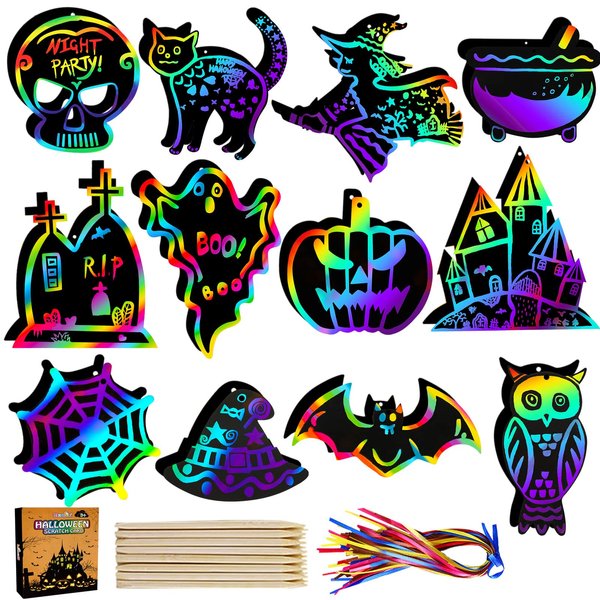 Max Fun Halloween Craft Scratch Paper Art for Kids Party Games Ornaments 96PCS Magic Rainbow Scratch Off Cards Paper Hanging Educational Toys Kit Halloween Party Supplies Birthday Gift