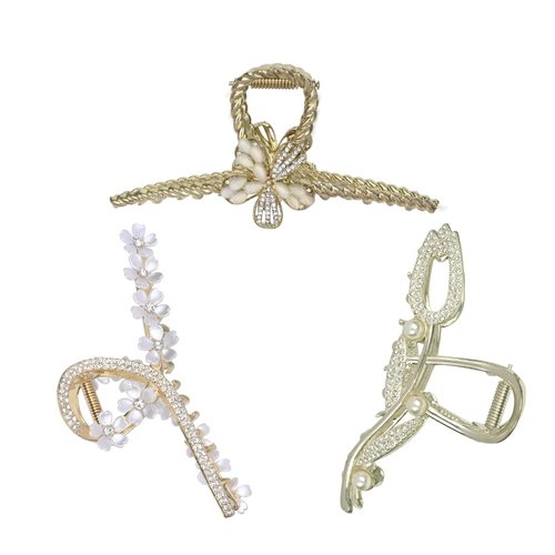 Yonchic 3-Piece Multiple Shapes Metal Hair Clips, Tulip Hair Claws for Thin/Medium Thick Hair, Elegant Camellia Barrettes Strong Hold Clamps Non Slip Cute Rhinestone Catch Accessories