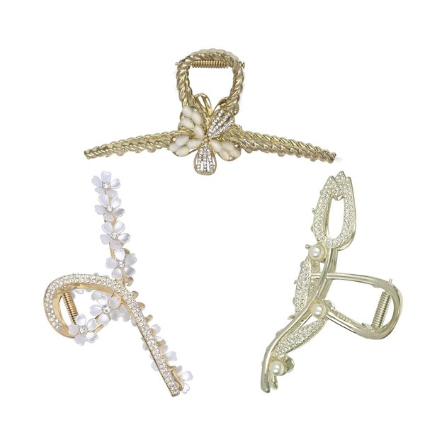 Yonchic 3-Piece Multiple Shapes Metal Hair Clips, Tulip Hair Claws for Thin/Medium Thick Hair, Elegant Camellia Barrettes Strong Hold Clamps Non Slip Cute Rhinestone Catch Accessories