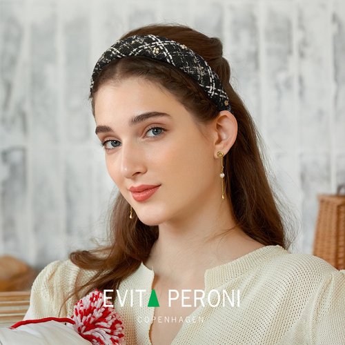 EVITA PERONI Fabric Cloth Headband for Women Black White Vintage Tweed Pearl Wide Hair Band Wedding Accessories for Women…