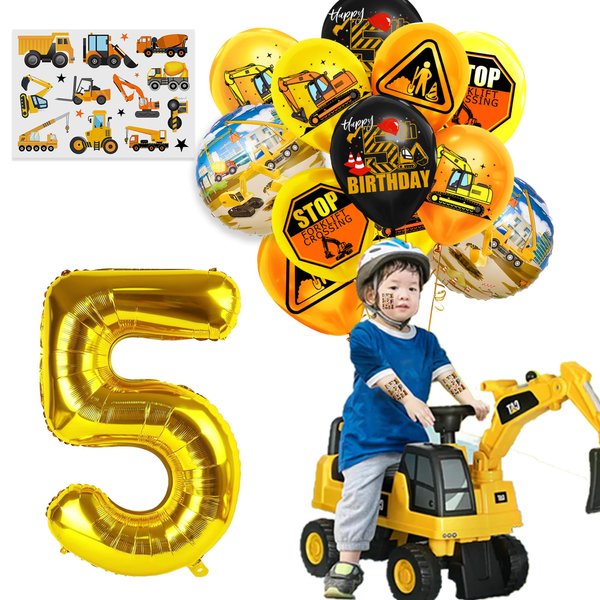 5th Construction Truck Birthday Party Supplies Boys, Excavator Latex Balloons Construction Foil Balloons Number 5 Foil Balloons theme Tattoo For Boys Fifth Birthday Baby Shower Party Decorations