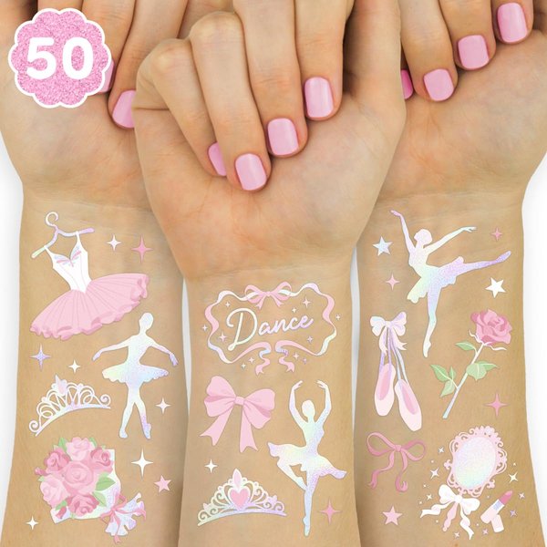 xo, Fetti Ballerina Party Temporary Tattoos - 50 Iridescent Foil | Happy Birthday Princess Decorations, Bow Girl Baby Shower Accessory, Ballet Theme Favor, Dancer Gift + Tutu Supplies