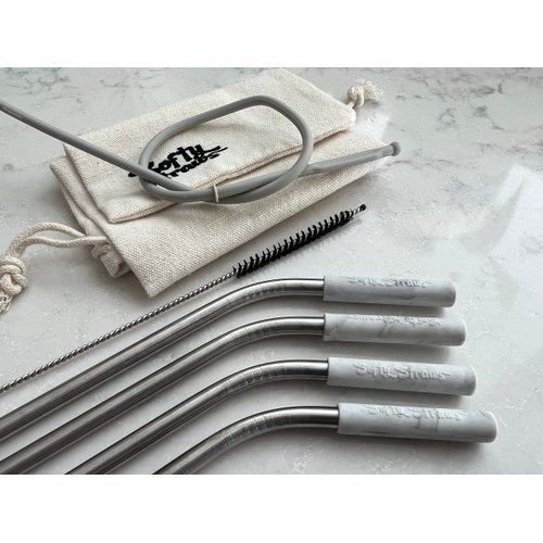 Softy Straws Premium Reusable Stainless Steel Drinking Straws With Silicone Tips + Patented Straw Cleaners and Carrying Case - 9” Long Metal With Curved Bend for 20/30/32oz Tumblers