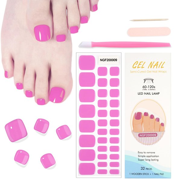 WOKOTO Semi Cured Gel Nail Strips For Toenails, 16 Size 32 Tips Pink Nail Polish Strips With Nail File & Wooden Stick, Works With Any Lamps, Salon-Quality, Long Lasting, Easy To Apply & Remove
