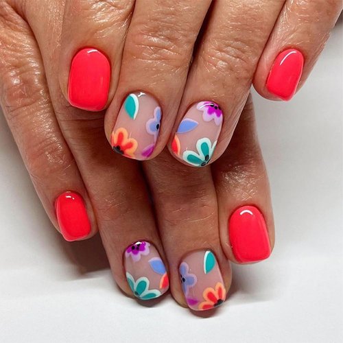 Acrylic Nails Press on，Press on Nails Short Square Fake Nails Red Glossy False Nails with Cute Flower Press ons Designs Artificial Nails Stick on Nails For Women Girls 24Pcs