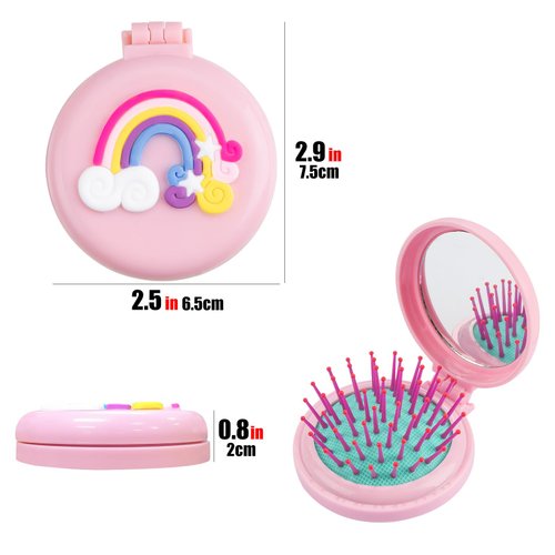 CAIRIAC Pink Folding Hair Brushes, Rainbow Brushes Mirror Set, Stylish Handheld Mirror Hair Tools, Travel Hair Brush with Mirror for Girls Women