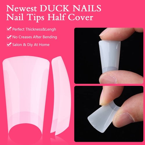 iNenk Long Duck Fan Flare Nail Tips, 500PCS Clear Natural Crystal Duck Feet Styel for Wide French False Nail Extension, Half Cover Acrylic Nails Professional for Y2K-inspired Designs(10 Size Natural)