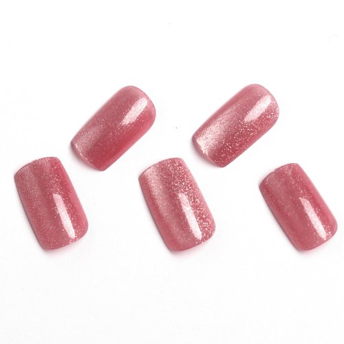 Press on Nails Short Square Fake Nails, Gel Red Cat's Eye Acrylic Nails Kits, Glossy False Nails Glue on Nails Super Fit Natural Nails 24 Pcs (Cat'sEye)