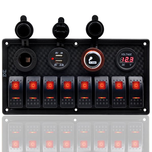 FXC 12V 24V Red LED ON/Off Marine Multi Function Switch Panel Waterproof 8 Gang Rocker Switch Panel for Boat Car Truck Rv Toggle Switches Panel with Circuit Breaker Dual USB Charger Voltmeter