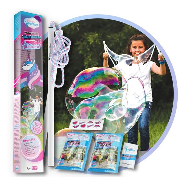 WOWMAZING Giant Bubble Kit: Unicorn - Incl. Wand, 2 Big Bubble Concentrate Pouches and 8 Sun-Activated Magical Stickers | Outdoor Toy for Kids, Girls | Bubbles Made in The USA - Unicorn Kit