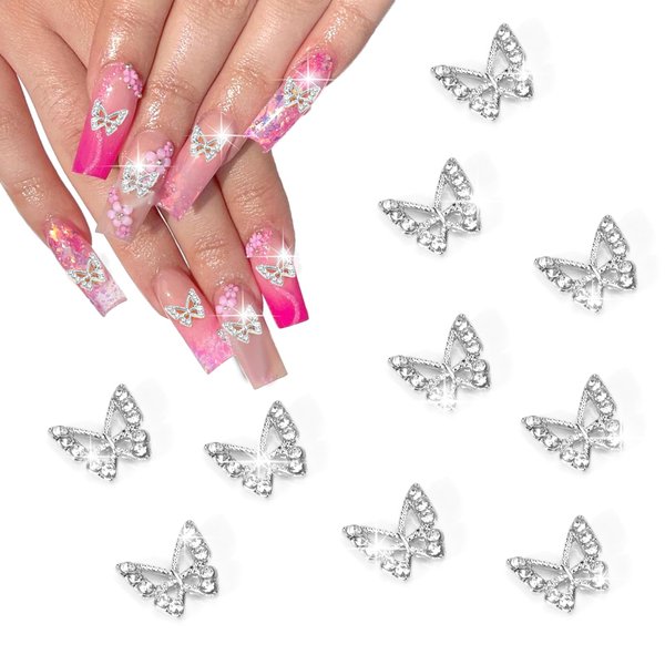 Vodolo 10pcs Butterfly Silver Nail Charms for Nails Accessories,3D Metal Nail Charms for Nails Design Nail Art Supplies Professional for Women Nails Decoration DIY Craft Making