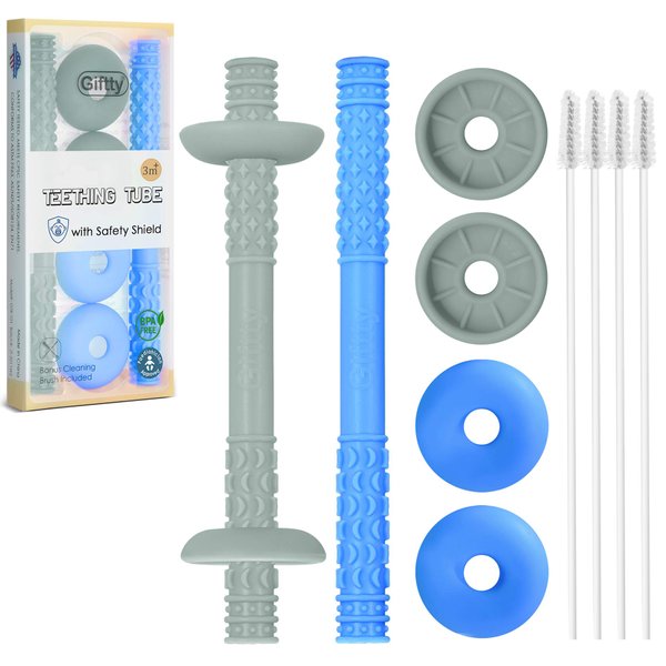 Giftty Teething Tube with Safety Shield Baby Hollow Teether Sensory Toys Gum Massager, Food-Grade Silicone for Infant 3-12 Months Boys Girls, 1 Pair with 4 Cleaning Brush Included (Blue+Grey)