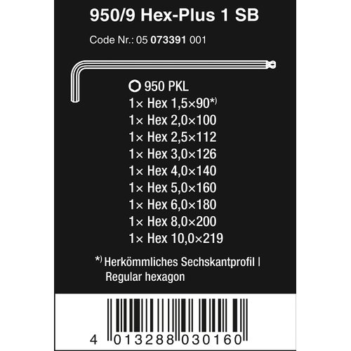 Wera - 5073391001 Hexagon 950 PKL/9 SB L-Key Set, BlackLaser, Ballpoint Hex Key, 9 Piece