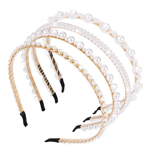 ACO-UINT 4 Pack Pearl Headbands for Women, White Faux Pearl Hairbands Bridal Hair Hoop, Cute Headbands with Pearl for Girls Party Wedding Hair Accessories for Women Flower Girl