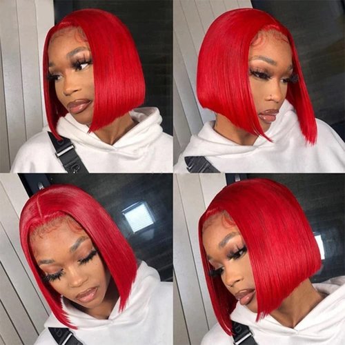 Pre Plucked HD Transparent 13X4 Straight Red Blunt Cut Bob Wig Human Hair Lace Frontal Wig With Baby Hair Natural Hairline Glueless 100% Unprocessed Human Hair Red Bob Wigs Lace Front With Black Women