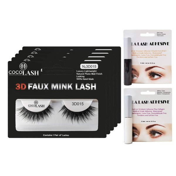 Cocohoney 3D Faux False Mink Eyelashes (5 PAIRS plus 1 ADHESIVE GLUE) DAILY LOOK, Reusable, Ultralight, Durable, Easy Application (3D015 (plus DARK GLUE))