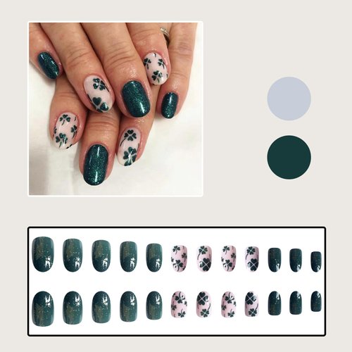 24Pcs St. Patrick’s Day Press On Nails Short Fake Nails Oval Nails Press Ons Acrylic Nails Full Cover False Nails With Shamrock Designs Green Glitter Glue On Nails Stick On Nails For Women