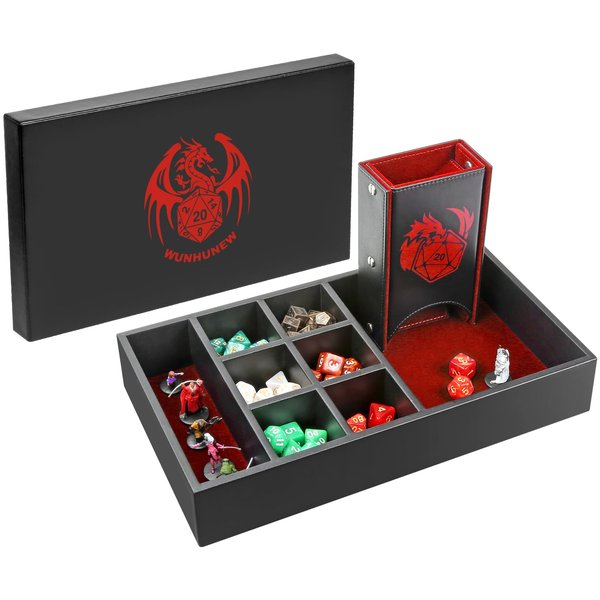 DND Dice Tray & Tower Storage Box, 4 in 1 D&D Dice Holder Case (Dice Rolling Tray, Dice Roller Tower, Dice & Miniature Storage), Great RPG Accessories Gifts for Dungeons and Dragons MTG DM & Player