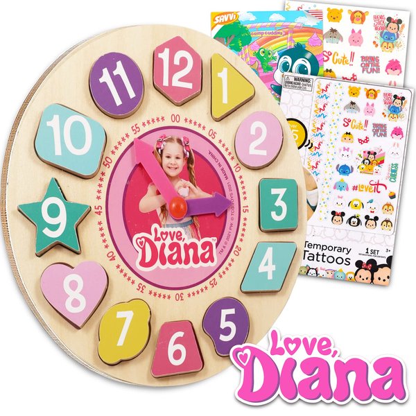 Love Diana Clock Puzzle Shape Sorting Game for Toddlers, Kids ~ 5 Pc Learning Toy Bundle with Love Diana Wooden Clock, Temporary Tattoos, and More (Love Diana Wood Toys)