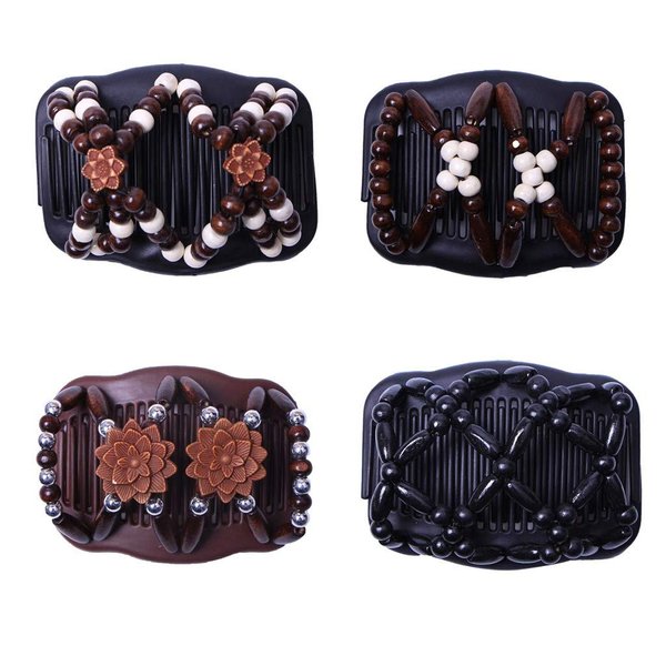 LOVEF Thick Hair Clip Magic Wood Beads Double Hair Comb Clip Stretch Combs for Hair Fashion Design Multi Butterfly Bun Maker for Popular Hairstyles Style 4pcs