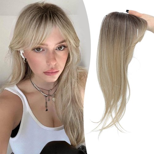 MORICHY Clip in Bangs 360° Bangs Hair Clip Fake Bangs with Long Layered Hair Clip on Bangs for Women Mix Blonde Bangs Clip in Hair Extensions Curved Bangs for Daily Use