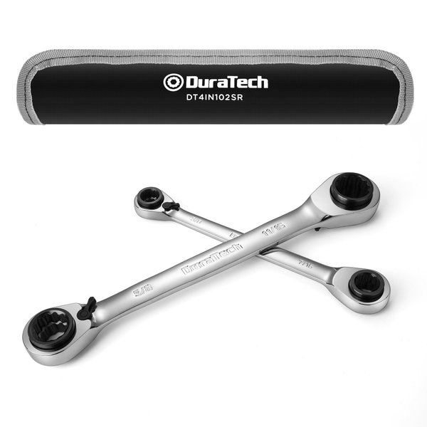 DURATCH 4-in-1 Reversible Ratcheting Box Wrench Set, SAE, 2-Piece, 5/16, 3/8, 7/16, 1/2 & 9/16, 5/8, 11/16, 3/4-Inch, CR-V Steel, Mirror Polished, with Rolling Pouch