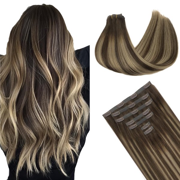 GOO GOO Clip in Hair Extensions Real Human Hair, 18inch 130g 7Pcs, 4/26/4 Balayage Chocolate Brown to Honey Blonde, Remy Human Hair Extensions Clip ins for Women, Natural Human Hair