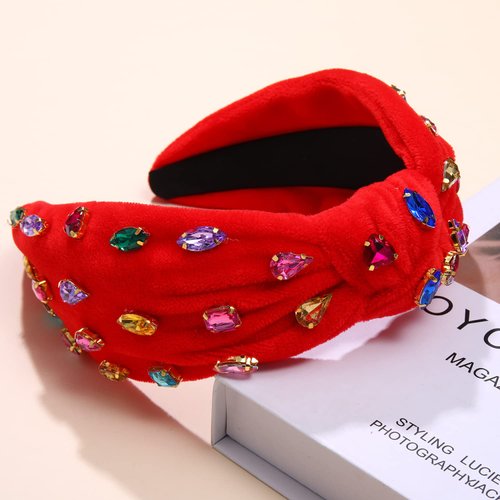 Jeweled Knotted Headband for Women Crystal Embellished Soft Flannel Hairband Women's Fashion Headbands Hair Accessories (Red)