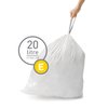 simplehuman Code E 20 Count, Genuine Custom Fit Liners, Drawstring Trash Bags in Dispenser Packs, 20 Count, 20 Liter / 5.3 Gallon, White