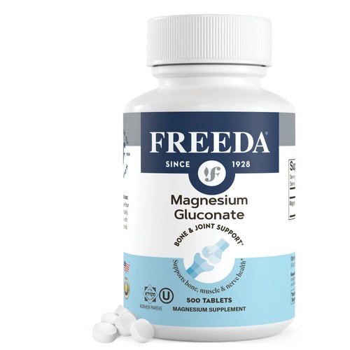 Freeda Magnesium Gluconate - Kosher Vegan Magnesium Supplement for Men & Women - Leg & Muscle Cramp and Spasm Relief - Natural Muscle Relaxer - Magnesio Vitamins and Supplements (500 Tablets)