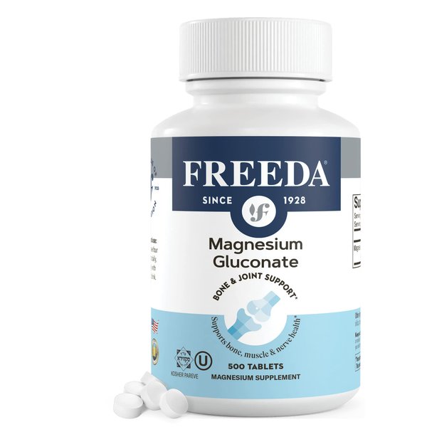 Freeda Magnesium Gluconate - Kosher Vegan Magnesium Supplement for Men & Women - Leg & Muscle Cramp and Spasm Relief - Natural Muscle Relaxer - Magnesio Vitamins and Supplements (500 Tablets)