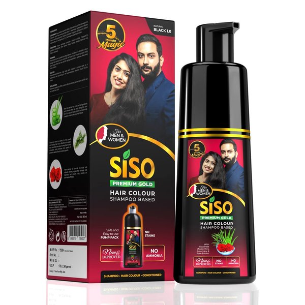 Siso Permanent Hair Color Shampoo Pump pack, Natural Black 180ml | No Skin Stain, No Ammonia, No Parabens