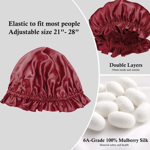 Silk Bonnet for Hair Care, Natural Silk Cap for Sleeping and Shower, Double-Lined, 6A-grade Mulberry Silk Turban Red Wine