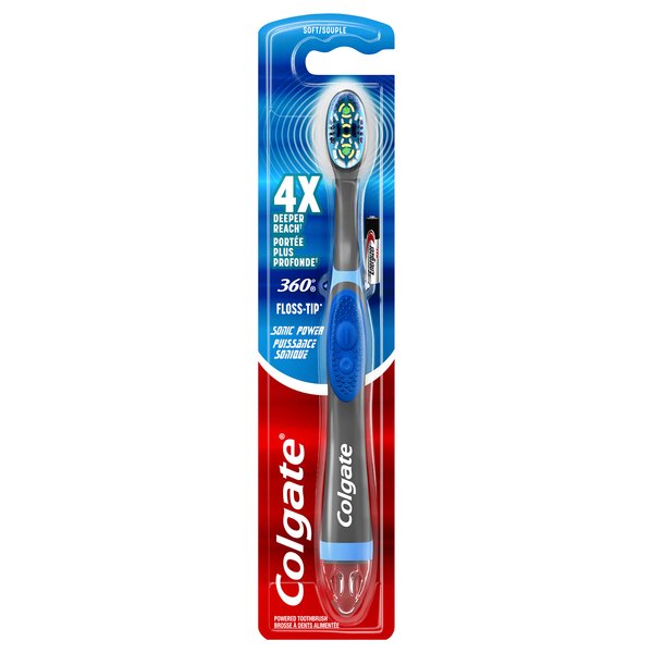 Colgate 360 Sonic Battery Power Electric Toothbrush with Floss-Tip Bristles & Tongue and Cheek Cleaner, Soft - 1 Count, Color May Vary