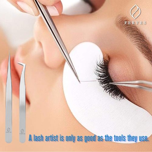FERYES Lash Extension Tweezers Set(2 PCS),Straight and Curved Pointed Tip Tweezers for Eyelashes Extensions or 3D 6D Volume Mink Isolation,Professional Stainless Steel Eye Lash Application Tweezer