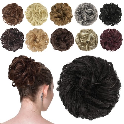 FESHFEN Messy Bun Hair Piece Hair Bun Scrunchies Darkest Brown Synthetic Wavy Chignon Ponytail Hair Extensions Thick Updo Hairpieces for Women Girls 1PCS