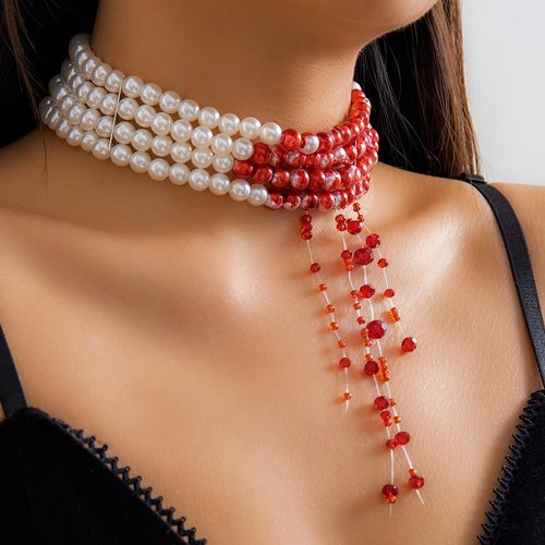 Jumwrit Vintage Layered Pearl Choker Necklace Chunky Chain Multi Strand Pearl Beaded Necklace Rhinestone Crystal Tassel 4 Tier Halloween Vampire Necklace Statement Accessories for Women (Red)