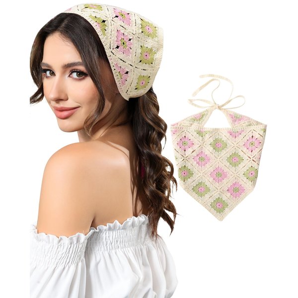 AWAYTR Crochet Head Scarf Hair Bandanas for Women Knit Bandana Headband Scarf Tie-Back Head Coverings Floral Headscarf for Girls (Green + Pink)