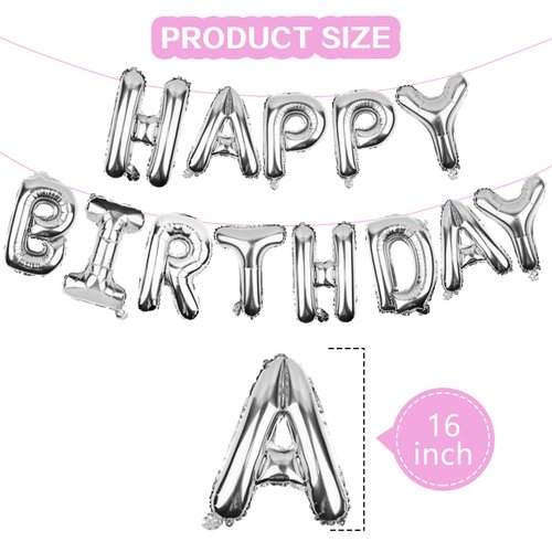 Silver Happy Birthday Balloons Banner (3D Silver Lettering) Mylar Foil Letters | Inflatable Party Decor and Event Decorations for Kids and Adults | Reusable, Ecofriendly Fun