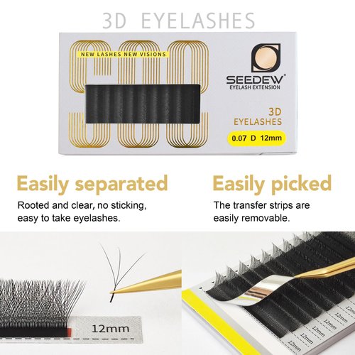 SEEDEW 3D Lash Extensions, 0.07mm C Curl MIX8-15mm 12 Rows/Tray, W Shape Flat Stem, Korean PBT Natural Eyelash Grafting for Beginner Artist, Lash Tech, Beauty Salon(3D-Matte Black-0.07-C-MIX8-15mm)