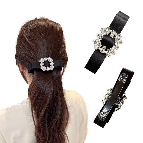Bethynas Black Hair Bow with Rhinestone Sparkly Crystal Bow French Barrettes Hair Clips Big Bowknot Hair Ribbon Bridal Wedding Party Hair Accessory for Women Girls (Square - Rhinestone 1)