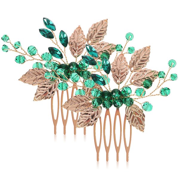 Beaupretty 2Pcs Bridal Hair Pieces Green Crystal Hair Combs Clips Wedding Gold Leaf Vine Headdress Accessories for Women Girls